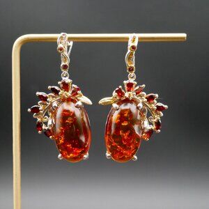 Ornate Sterling Silver & Gold Vermeil Baltic Amber and Garnet Dangle Earrings 2"